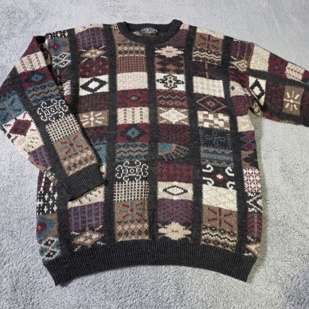 Cortina Italia Mens XL Sweater Multicolor Geometric Patchwork Wool Blend Italy
